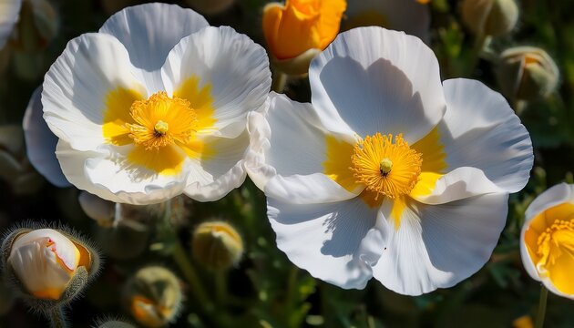 close up of matilija poppies blooming in springtime california overhead shot of romneya coulteri flowers with white petals and yellow centers