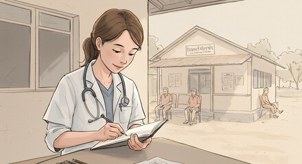 Female doctor writing in rural clinic illustration