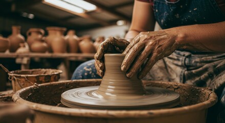 A person's hands shaping clay on a pottery wheel, creating a ceramic vessel with skill and artistry
