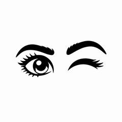 Stylized illustration of a woman s open eye and a winking eye with defined eyebrows