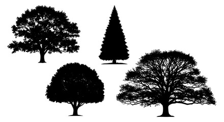 A collection of four tree silhouettes with varied shapes and foliage density on a white plane