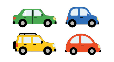 Four cartoon cars in green, blue, yellow, and red arranged on a white presentation space