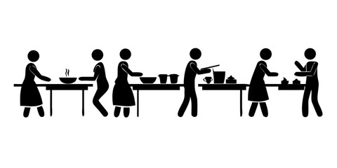 Black stick figures preparing and serving food at tables in a cafeteria or soup kitchen setting