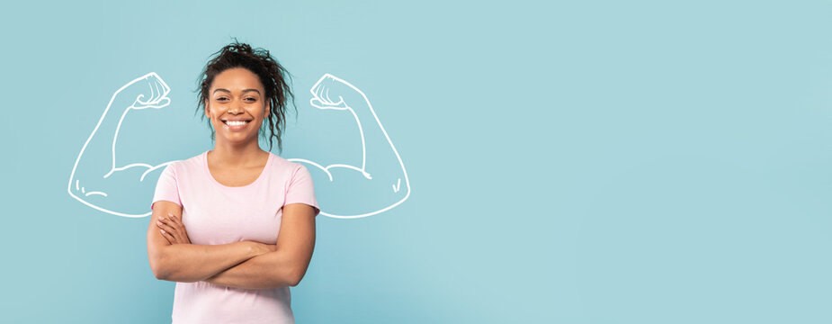 A confident African American woman stands with crossed arms, smiling against a blue background. Illustrations of strong biceps are drawn behind her, symbolizing strength and resilience.