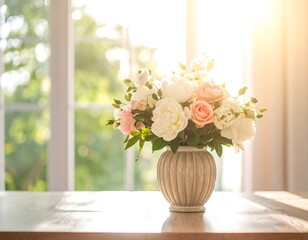 Bouquet of pastel roses in vase by window