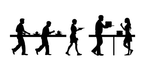 Silhouettes of people serving food and drinks at a buffet table in a restaurant or cafeteria setting