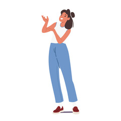 Young smiling woman cartoon character wearing casual apparel pointing at something isolated on white