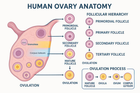 Human Ovary Anatomy and Ovulation Process, Diagram Illustration [Illustration]