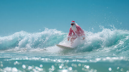 Santa surfing on wave in tropical sea on sunny day with clear blue sky and people cheering from beach, humorous festive