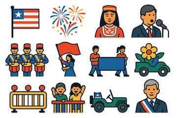 National Parade Icons. Flat vector icons of national day parades: national flag, fireworks display, ethnic costume, parade