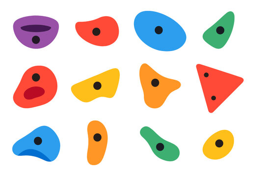 Climbing Hold Icons. Flat vector icons of climbing holds: jug, crimp, sloper, pinch, pocket, edge, horn hold, volume, undercling,