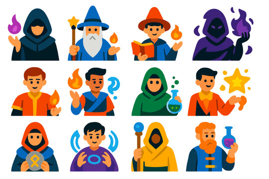 Fantasy Magician Icons. Flat vector icons of fantasy magicians: hooded sorcerer, old wizard, young apprentice, shadow mage, light