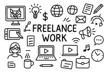 Freelance Icons Doodle. Freelance work doodle set: hand drawn icons for creative digital tasks and online gigs, isolated