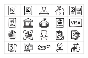 Collection of hand drawn icons representing travel and identity verification
