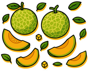 Cantaloupe vibrant illustration set. Melon graphic collection, cartoon fruit slices. Healthy fresh fruits