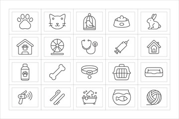 Collection of outline icons representing pet care and supplies
