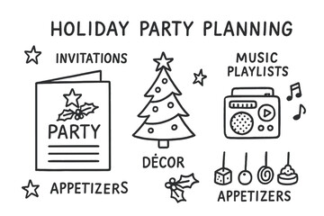 Holiday Party Doodles. Holiday party planning doodle set: hand drawn icons for invitations, d&eacute;cor, music playlists, and appetizers