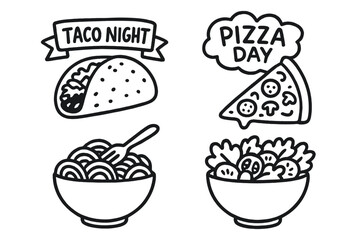Meal Plan Stickers. Meal plan stickers doodle set: hand drawn icons for taco night, pizza day, pasta, and salad bowls, isolated