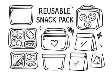 Eco Snack Pack Icons. Reusable snack pack doodle set: hand drawn icons for silicone bags, lunch kits, and eco packaging, isolated