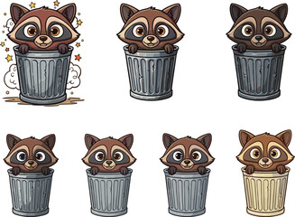 Cute cartoon raccoons inside trash cans, funny animal illustration, wildlife characters, adorable dumpster animals, playful nature artwork design © Morsalin Creatives