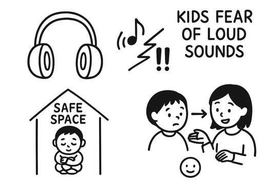 Children's Noise Comfort Tools. Kids fear of loud sounds doodle set: hand drawn icons for earmuffs, music visual cue, safe space,