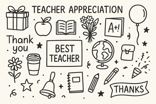 Teacher Appreciation Doodles. Teacher appreciation doodle set: hand drawn icons for classroom gifts, thank you notes, and school