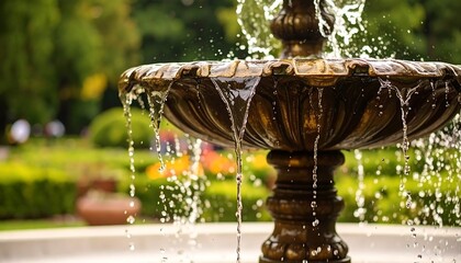 Elegant water fountain in a lush green garden setting.