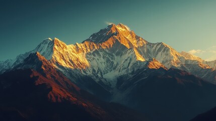 Majestic mountains bathed in golden sunlight, showcasing rugged peaks and serene landscapes, evoking a sense of awe and adventure.