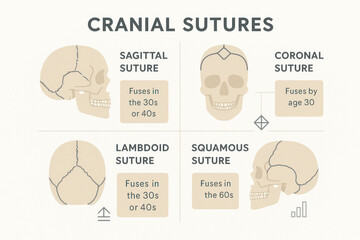Cranial Sutures Illustration: Sagittal, Coronal, Lambdoid, Squamous sutures and fusion ages. Illustration