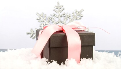 Dark gift box with pink ribbon in snow