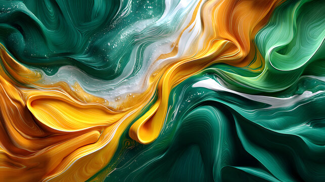 An abstract acrylic artwor featuring fluid gradientsof green, yellow, and orane, flowing seamlessly intoeach other, creating a smoth texture.