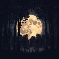 Twilight moon creating reflection over still waters with trees high resolution picture