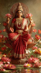 Beautiful statue of Goddess Lakshmi adorned with flowers and diwali diya during festive season celebrations