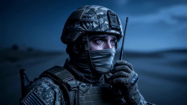 Soldier man with camouflage uniform cries while holding radio in battlefield at night, depicting war and military conflict footage.