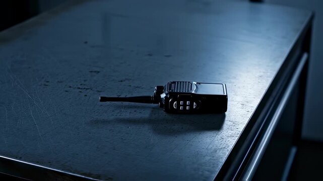 Close up of a two way radio walkie talkie shifting slightly on a metal surface, communication device footage
