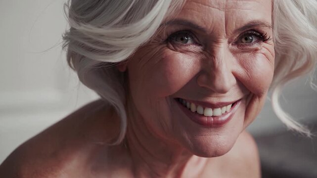 Elegant senior woman displaying authentic joy through emotive close up portrait, revealing natural radiance and confident spirit against pure white backdrop