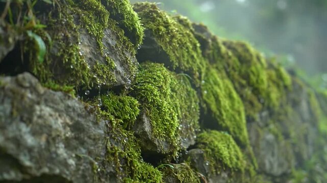 Close-up view of a weathered stone wall covered with vibrant green moss, showcasing nature's resilience and texture. An ode to time