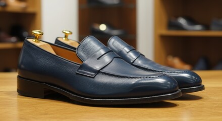 Stylish Navy Blue Leather Penny Loafers with Wooden Shoe Trees