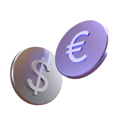 Dollar and Euro Coins, 3D Metallic Money Illustration – Two isolated coins in silver and purple, symbol of finance, trade, and investment.