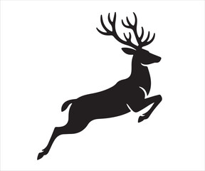 Silhouette of a jumping deer with antlers, vector wildlife illustration symbolizing nature, wilderness, hunting, animal icon, elegance, agility, freedom, reindeer, stag, elk, and forest animal design 