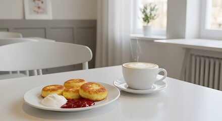 Breakfast Still Life: A charming breakfast arrangement showcases golden cheese pancakes, a steaming cup of coffee, and vibrant accompaniments, all bathed in natural light for a cozy atmosphere.