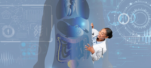 A doctor explores human anatomy with the aid of advanced technology. The setting merges innovative tools and a digital representation of internal organs. This illustrates modern healthcare solutions.