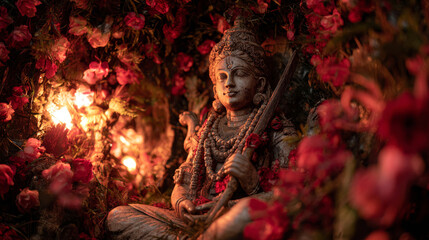 Realistic statue of Goddess Kali surrounded by flowers and lights during Diwali festivities in a temple