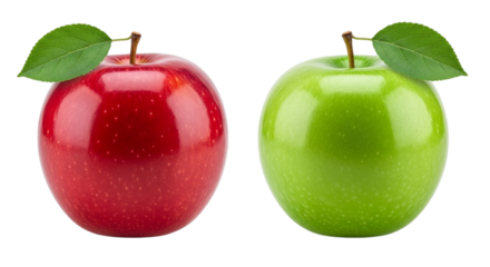 Vibrant red and green apples with fresh leaves side by side, isolated on white and transparent background for healthy eating and food concepts