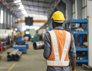 Factory Worker in Safety Gear Inspecting Industrial Equipment in a Manufacturing Plant