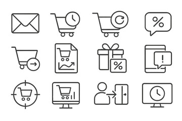 Abandoned Cart Icons. Line style icons of abandoned cart recovery: email reminder, cart with clock, return offer, message with