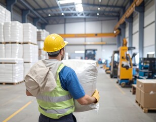 Industrial worker carrying a large bag inside a storage facility, back view