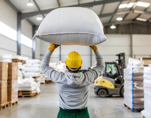 Warehouse worker lifting a heavy sack of grain in a storage facility