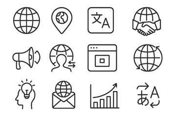 Global Marketing Icons. Line style icons of global marketing: globe icon, localization badge, multi-language icon, international