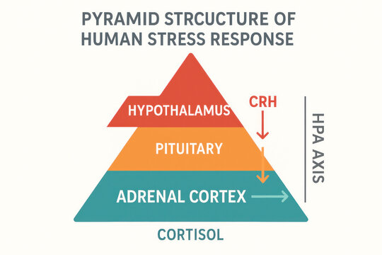 Human Stress Response Pyramid Structure Illustration, HPA Axis, Cortisol, Adrenal Cortex, Pituitary, Hypothalamus [Illustration]